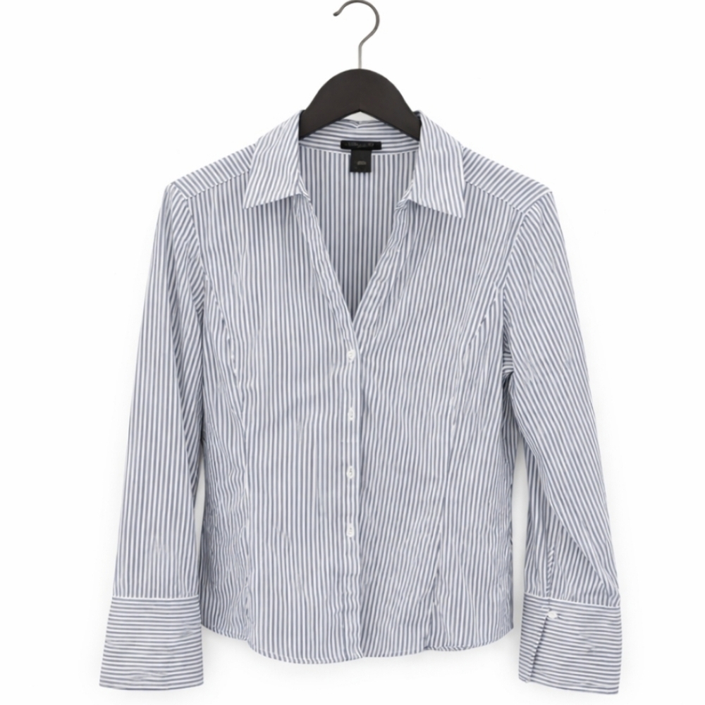 Ann Taylor Blue White Vertical Striped Cotton Blend Womens Button Down Sz 12